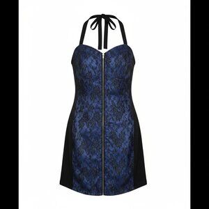 Z. Cavaricci Blue Paisley Corset Lace Front Full Zip Halter Dres